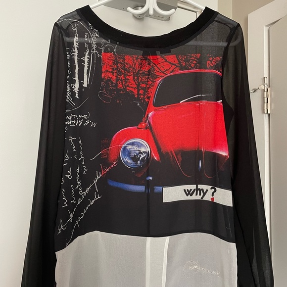 desigual sheer ish blousy top. it’s got that desigual POP. red car graphic - Picture 3 of 4